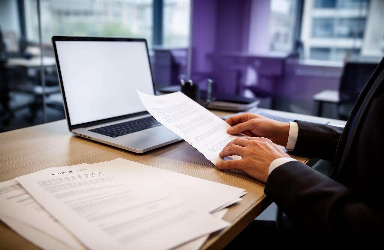 Legal consultant reviewing a contract in a modern London workspace with printed pages and a laptop nearby