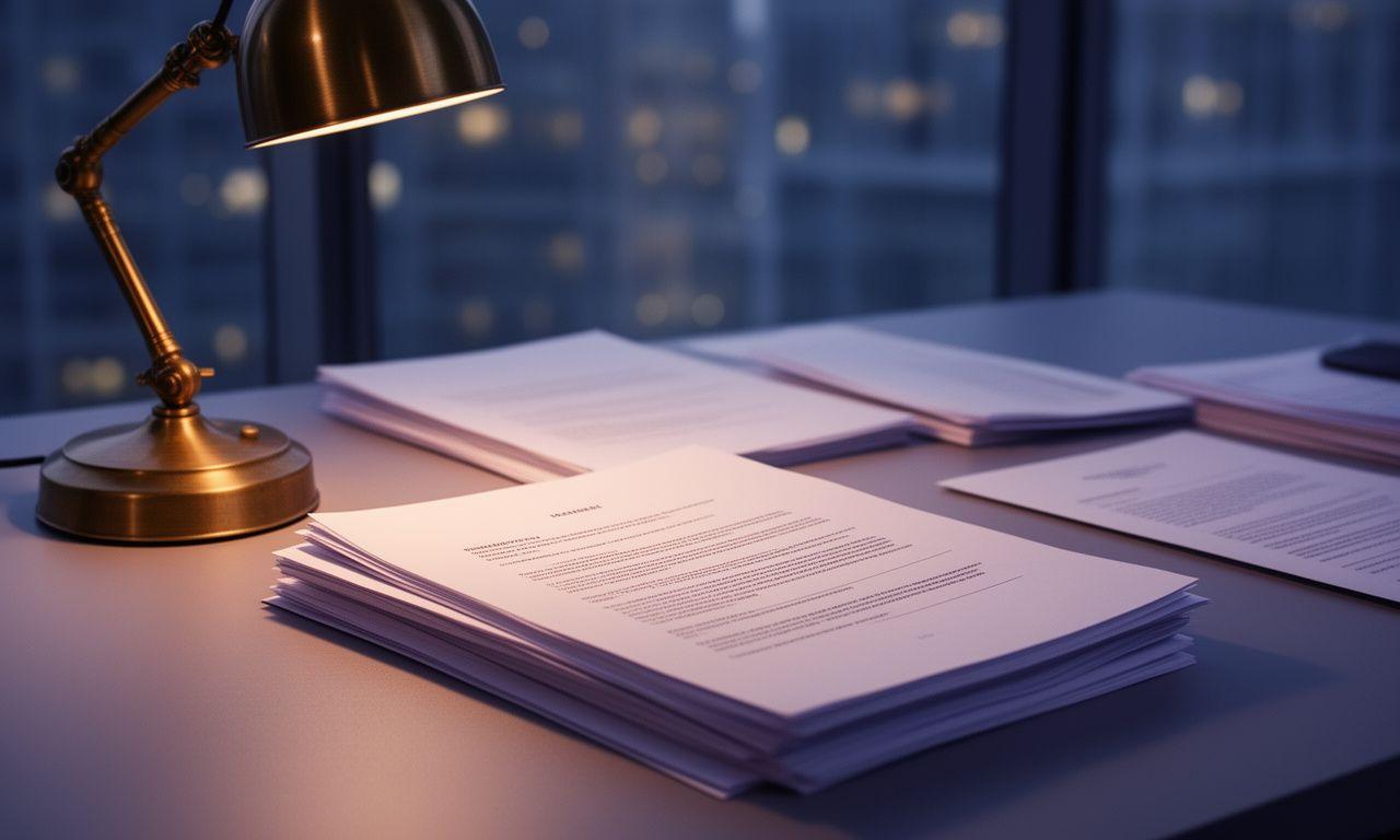 Close-up of a contract review desk with annotated pages, brass desk lamp and London city light reflections